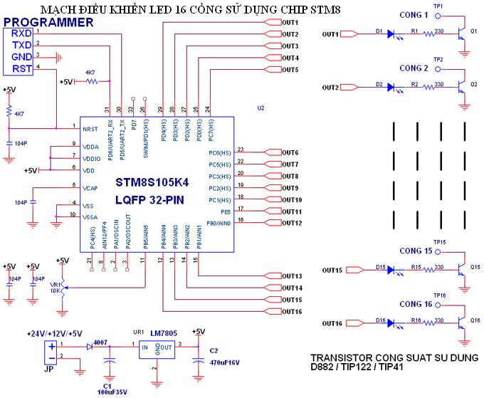 mạch led 16 cổng sử dụng chip hiện đại STM8S105K4